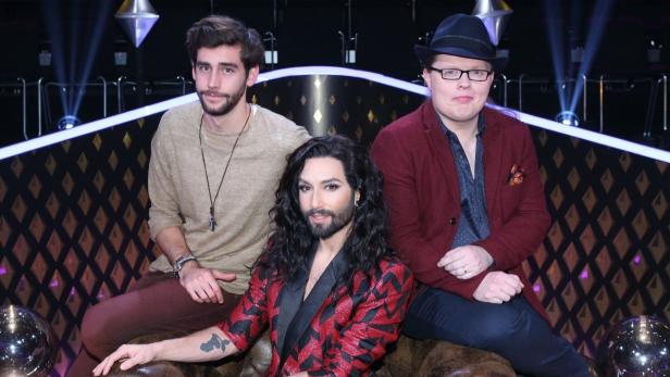 V.l.: die Juroren Álvaro Soler , Conchita und Angelo Kelly.