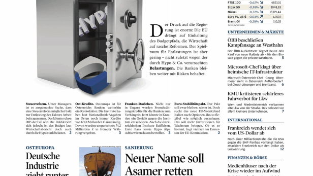 Titelseite des WirtschaftsBlatt mit dem Titel „Unsicherheitsfaktor Banken“ und einem Tresor im Hintergrund.