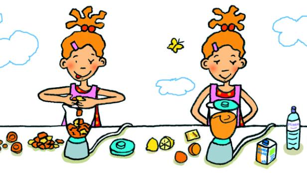 Eine Illustration, die ein Mädchen bei der Zubereitung eines Smoothies zeigt.