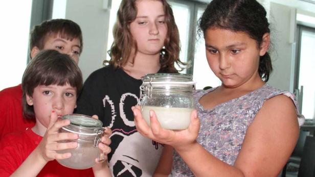 Vier Kinder betrachten ein Glas mit einer trüben Flüssigkeit.