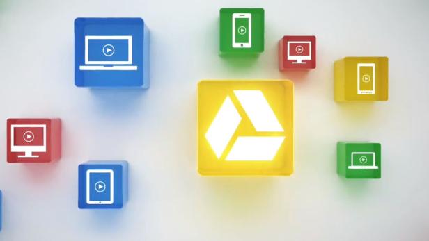 Das Google Drive-Logo ist von Symbolen für verschiedene Geräte umgeben.