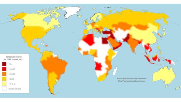 Eine Weltkarte zeigt die Anzahl bereinigter Computer pro 1.000 gescannten im 4. Quartal 2011.