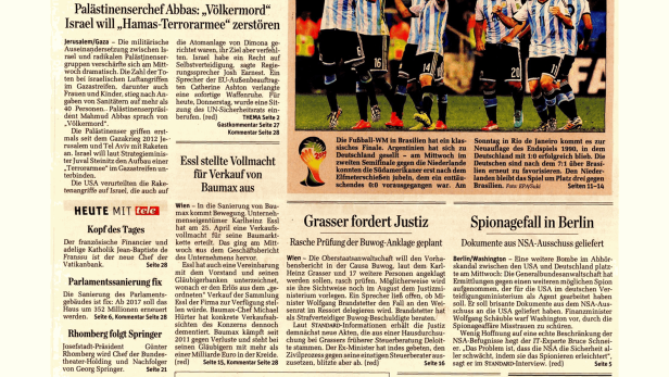 Titelseite der Zeitung „Der Standard“ vom 10. Juli 2014 mit Artikeln zu EU, Nahost und der Fußball-WM.