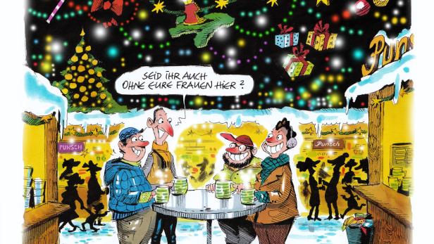 Eine Karikatur zeigt vier Männer an einem Punschstand auf einem Weihnachtsmarkt.