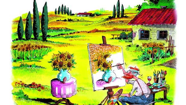 Ein Karikaturmaler malt ein Sonnenblumenstillleben in einer ländlichen Szene.