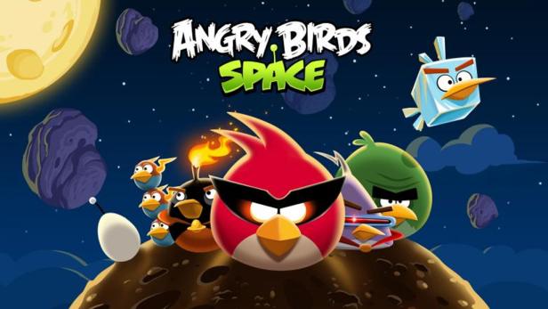 Verschiedene Charaktere aus dem Spiel „Angry Birds Space“ vor einem Weltraumhintergrund.