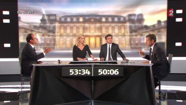 Einziges Direkt-Duell der Kandidaten: Hollande führt in den Umfragen für die Stichwahl mit 53,5 Prozent, Sarkozy konnte ihn in der TV-Konfrontation nicht entscheidend schwächen.