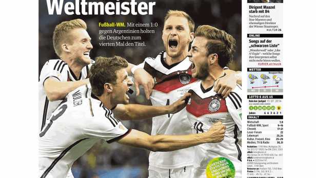Titelseite des Kurier vom 14. Juli 2014: Deutschland ist Fußball-Weltmeister.