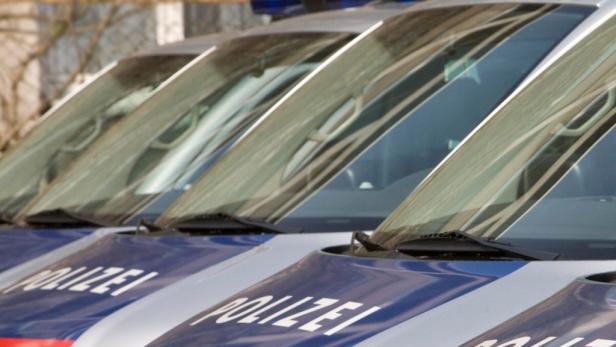 Mehrere österreichische Polizeiautos stehen in einer Reihe.