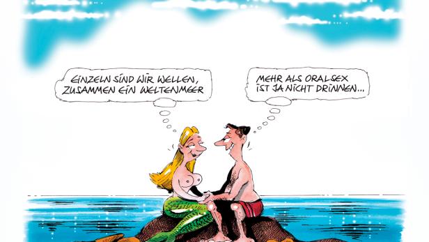Eine Meerjungfrau namens Arielle und ein Mann namens Didi sitzen am Strand; Arielle träumt von der großen Liebe, Didi von einem Urlaubsflirt.
