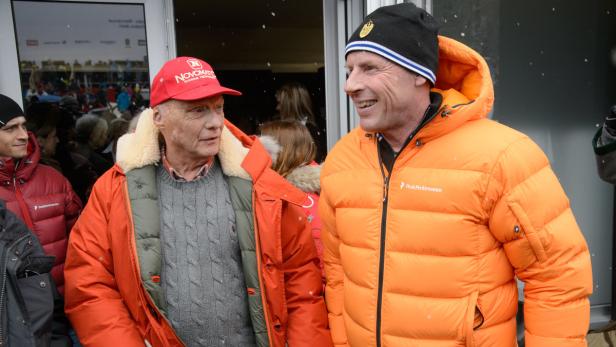 Harti Weirather mit Niki Lauda, einem Stammgast in Kitzbühel