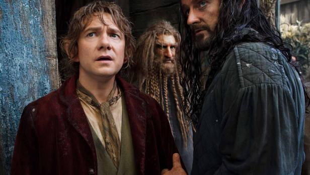 Bilbo Beutlin, Balin und Thorin Eichenschild in einer Szene aus „Der Hobbit: Eine unerwartete Reise“.
