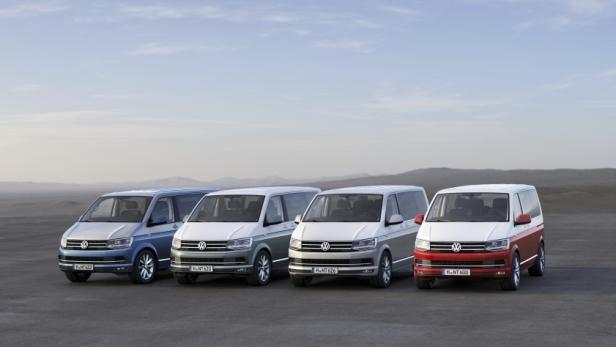 Vier verschiedenfarbige VW-Transporter stehen in einer Reihe vor einer Wüstenlandschaft.