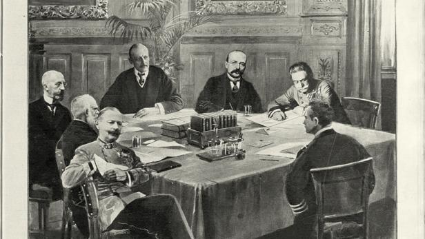 Das „Interessante Blatt“ skizziert eine Führungsberatung. Graf Tisza (3. v. re.) sitzt direkt neben Generalstabschef Hötzendorf (2. v. re.)