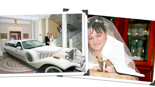 Collage mit einer Brautpaar vor einer Limousine und einer Braut mit einem Miniaturmann.