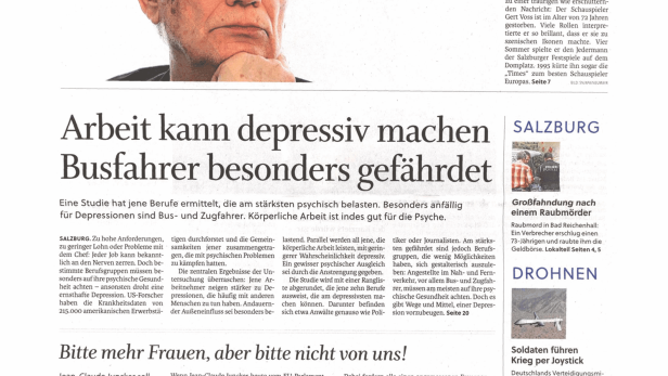 Salzburger Nachrichten Schlagzeile vom 15.07.2014Arbeit kann depressiv machen Busfahrer besonders gefährdetSalzburger Nachrichten