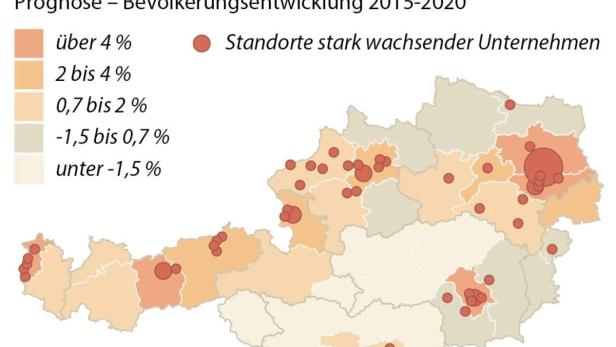 Karte NUTS-3-Regionen in Österreich, Prognose Bevölkerungswachstum bis 2020, Standorte stark wachsender Unternehmen GRAFIK 0081-17, 88 x 68 mm