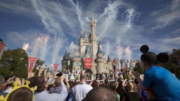 Besucher beobachten das Feuerwerk vor dem Cinderella Schloss im Walt Disney World Resort.