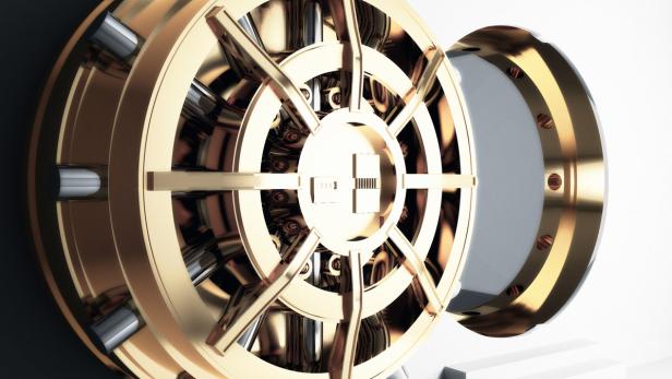 Eine geöffnete Tresortür aus glänzendem Gold und Stahl.