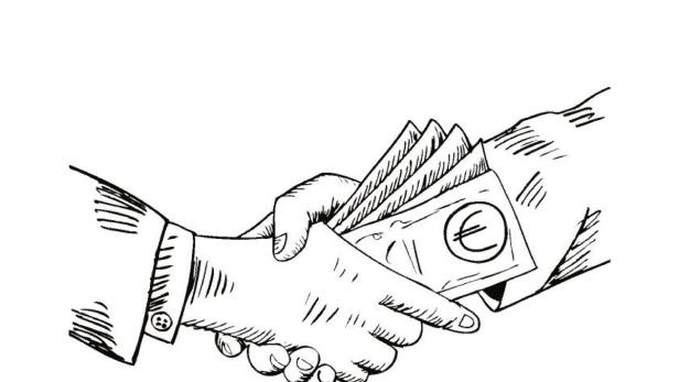 Eine stilisierte Darstellung eines Händedrucks, bei dem Geld im Spiel ist.