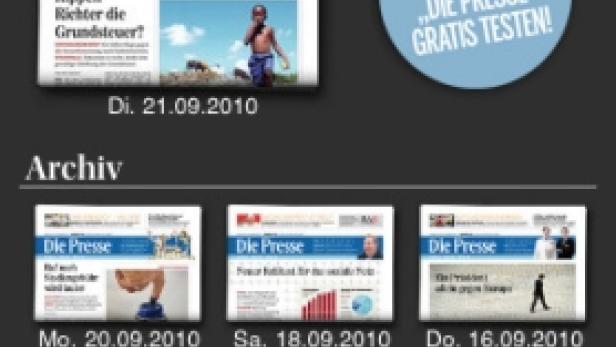 Screenshot der „Die Presse“-App mit aktuellen und archivierten Ausgaben.
