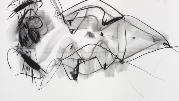 Jürgen Messensee, Thais, 2009, Kohle auf Leinwand, 117 x 180 cm