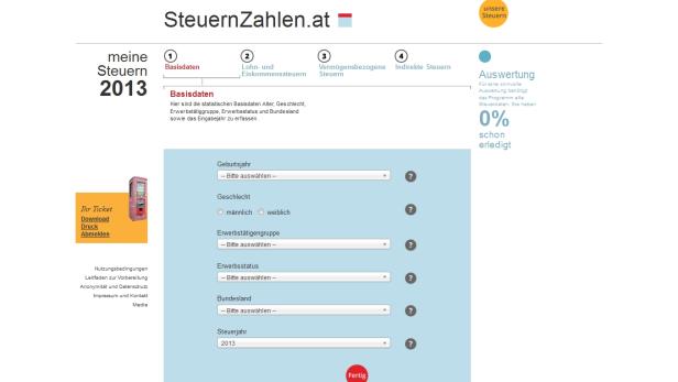 Ein Screenshot der Webseite SteuernZahlen.at mit Eingabefeldern für Steuerdaten.