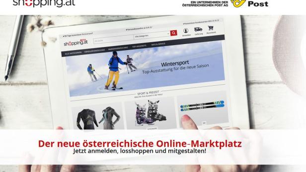 Ein Tablet zeigt die Website shopping.at mit Angeboten für Wintersport und Freizeit.