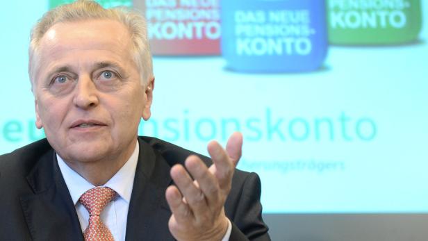 Ein Mann in Anzug und Krawatte gestikuliert vor einer Präsentation zum Thema Pensionskonto.