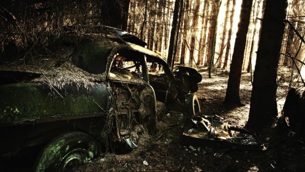 Ein verlassenes, verrostetes Auto steht in einem dichten Wald.