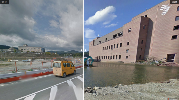 Ein Vergleich von Küstenlandschaften in Japan vor und nach einer Überschwemmung.