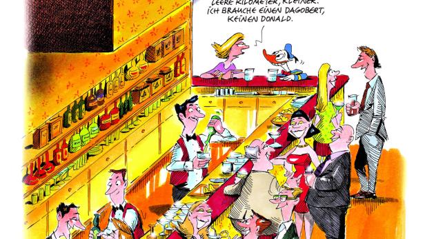 Karikatur einer belebten Bar mit Gästen und Barkeepern.