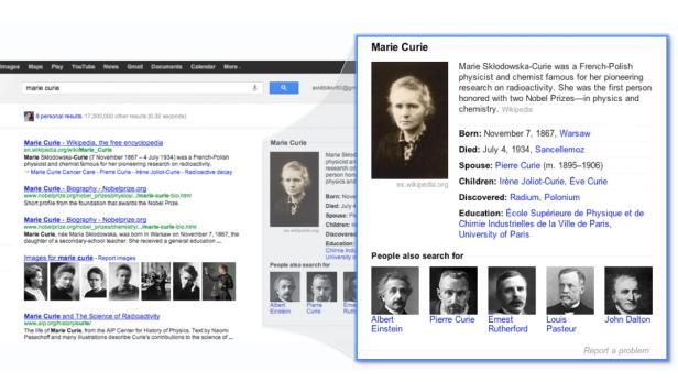 Ein Screenshot einer Google-Suche nach Marie Curie mit zugehörigen Informationen.