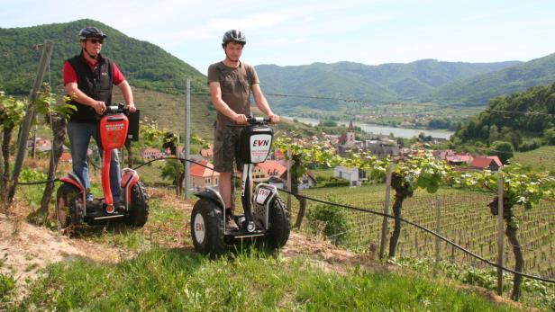 Zwei Männer fahren mit Segways durch einen Weinberg mit Blick auf ein Dorf.