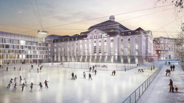 Ein Rendering des Projektentwicklers: Der Eislaufplatz soll weit in die Lothringerstraße ragen, um neuen Gebäuden, darunter dem Turm (nicht im Bild) Platz zu machen.