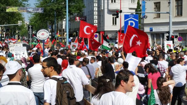 Eine Demonstration mit türkischen und palästinensischen Flaggen in Wien.