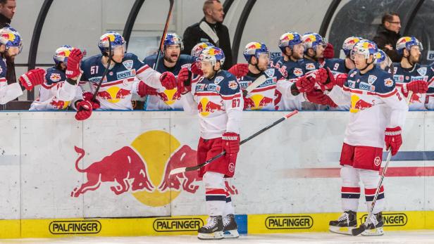 Eishockeyspieler der Red Bulls feiern auf dem Eis.