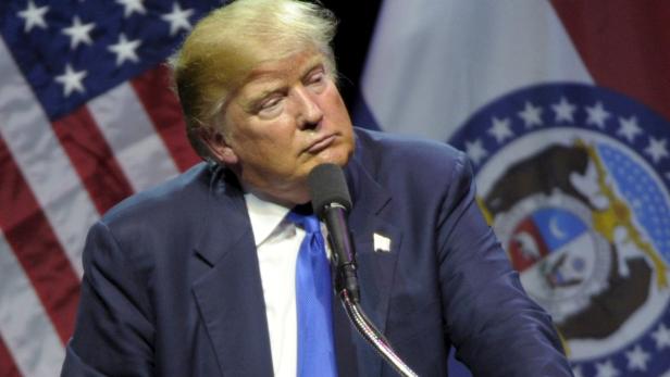 Donald Trump steht vor einem Mikrofon mit der US-Flagge im Hintergrund.