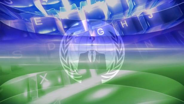 Das stilisierte Anonymous-Logo überlagert eine Computertastatur.