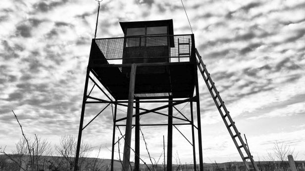 Ein ehemaliger Wachturm steht noch im Bereich des Niemandslandes an der Grenze zu Tschechien mitten in einem Weinfeld.