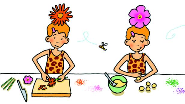 Eine stilisierte Illustration von vier Kindern, die mit Zutaten und Blumen hantieren.