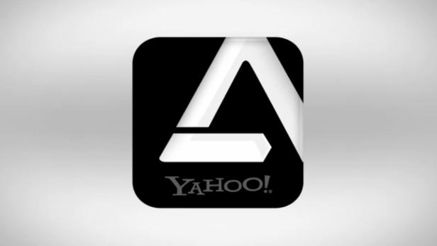 Das stilisierte Yahoo!-Logo mit einem weißen Dreieck auf einem schwarzen, abgerundeten Quadrat.