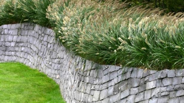 Blickfang von innen, Sichtschutz von außen: Die mit einer Steinmauer abgestützte Böschung ist mit Gräsern bewachsen. (Foto &amp; Idee von: )
