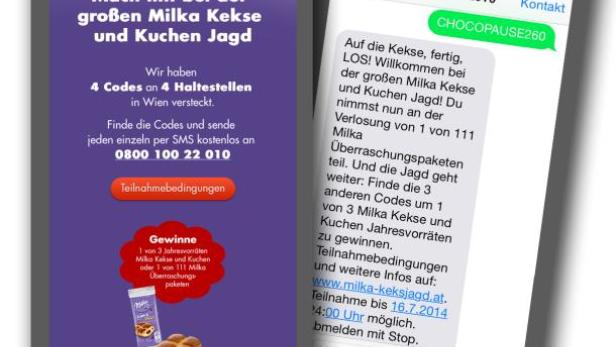 Zwei Smartphones zeigen Werbung und einen Chat zur Milka Keks- und Kuchen-Jagd.