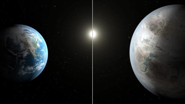 Die Erde (li.) und ihr &quot;älterer Cousin&quot; Kepler-452b