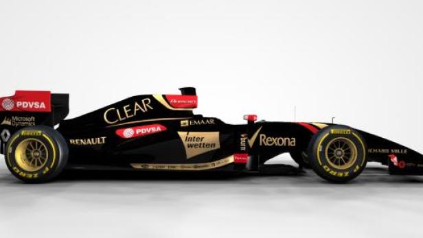 Ein schwarzer und goldener Formel-1-Rennwagen steht auf einer weißen Oberfläche.