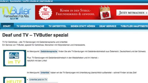 Die Webseite von TVButler mit Informationen zu barrierefreiem Fernsehen für Gehörlose.
