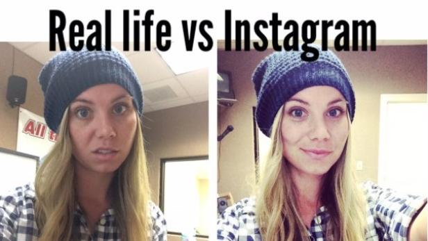 Ein Vergleich: Eine Frau mit Mütze, einmal ungeschminkt und einmal mit Instagram-Filter.