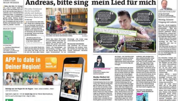 Titelseite der Wiener Bezirkszeitung mit dem Titel „Andreas, bitte sing mein Lied für mich“.