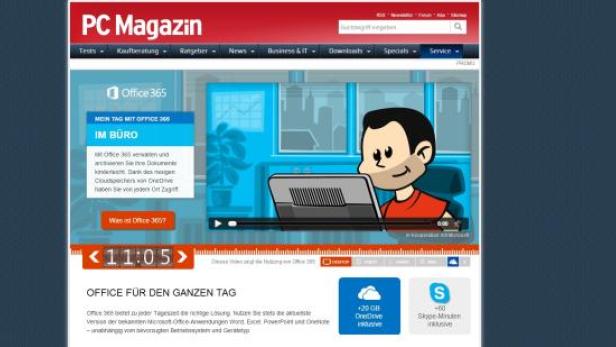 Ein Cartoon-Mann sitzt vor einem Computer auf der Webseite des PC Magazins über Office 365.